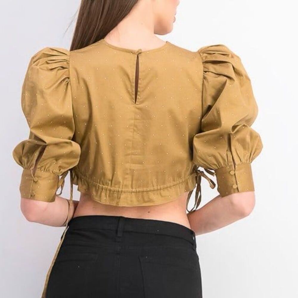 Danielle Bernstein Women Bishop puff Sleeve Top, Beige Dot - Picture 2 of 8